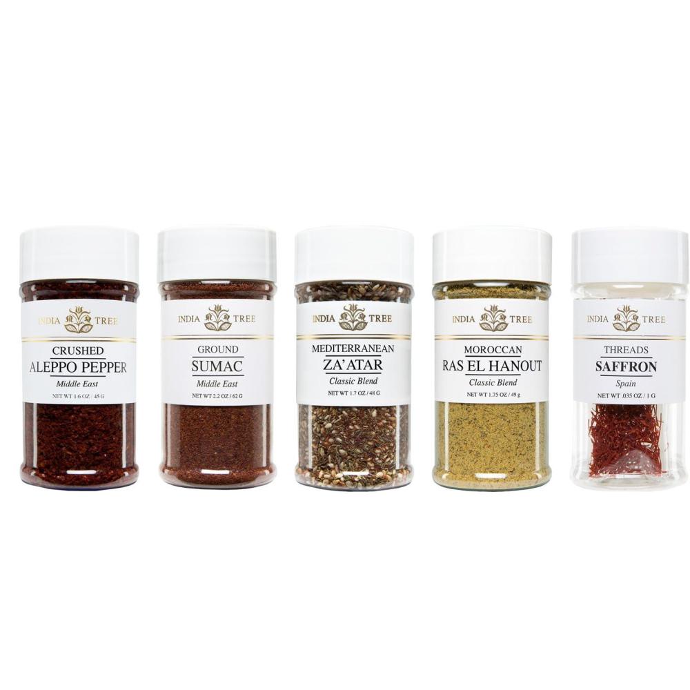 image:imageIndia Tree Mediterranean Spice Gift Pack Aleppo Pepper Sumac Zaatar Ras El Hanout and Saffron 737 Ounces TotalMediterranean Spices