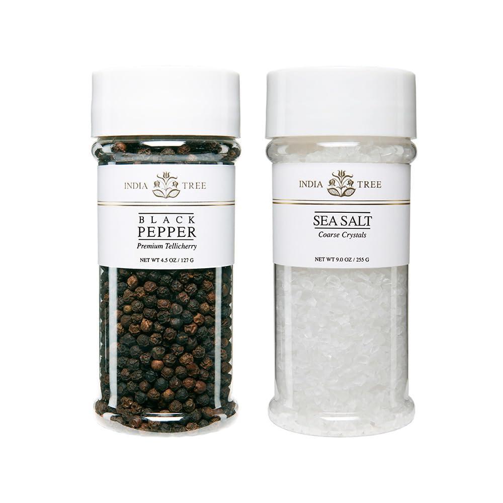 image:imageIndia Tree Tellicherry amp Salt Jar Gift Pack Premium Black Pepper and Sea Salt Crystals 135 Ounces TotalSalt Pepper