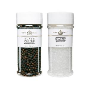 India Tree Tellicherry & Salt Jar Gift Pack – Premium Black Pepper and Sea Salt Crystals – 13.5 Ounces Total(Salt & Pepper)